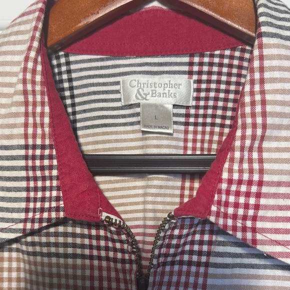 Red, Black and White Plaid Zip Up Collard Cottagecore 100% Cotton Jacket - Picture 5 of 14